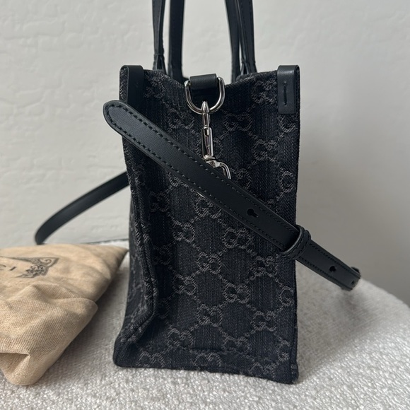 GUCCI Monogram Mini Tote Denim Ophidia Top Handle Crossbody Black - Picture 13 of 16